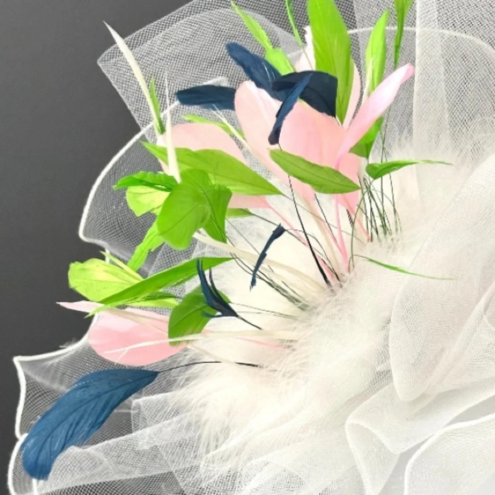 Elegant White Fascinator with Pink and Blue Accents